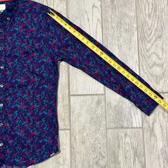 JB Holt Button Down Shirt L Blue Purple Pink Rose Dark Floral Flip Cuff Tailored - Picture 14 of 14